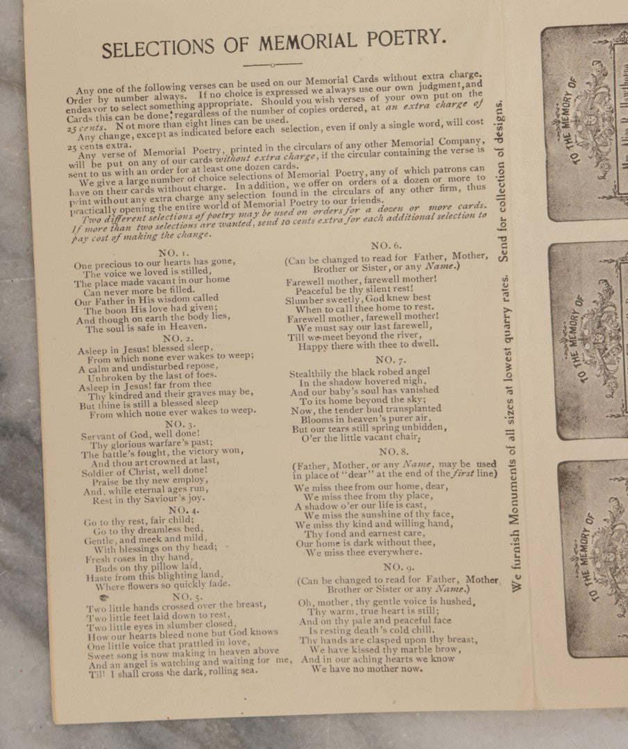 Lot 079 - Antique Fold-Out Pamphlet "Catalog And Price-List Of Fine Memorial Cards" By The National Memorial Co., Northfield, Vermont, Circa 1900