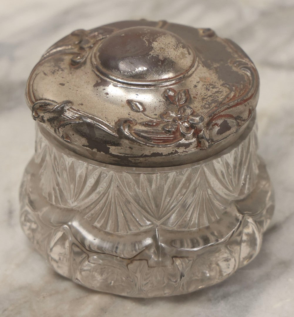Lot 080 - Antique Pattern Glass Dresser Box With Art Nouveau Chromed Pot Metal Floral Lid, 3-1/4" H