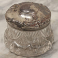 Lot 080 - Antique Pattern Glass Dresser Box With Art Nouveau Chromed Pot Metal Floral Lid, 3-1/4" H