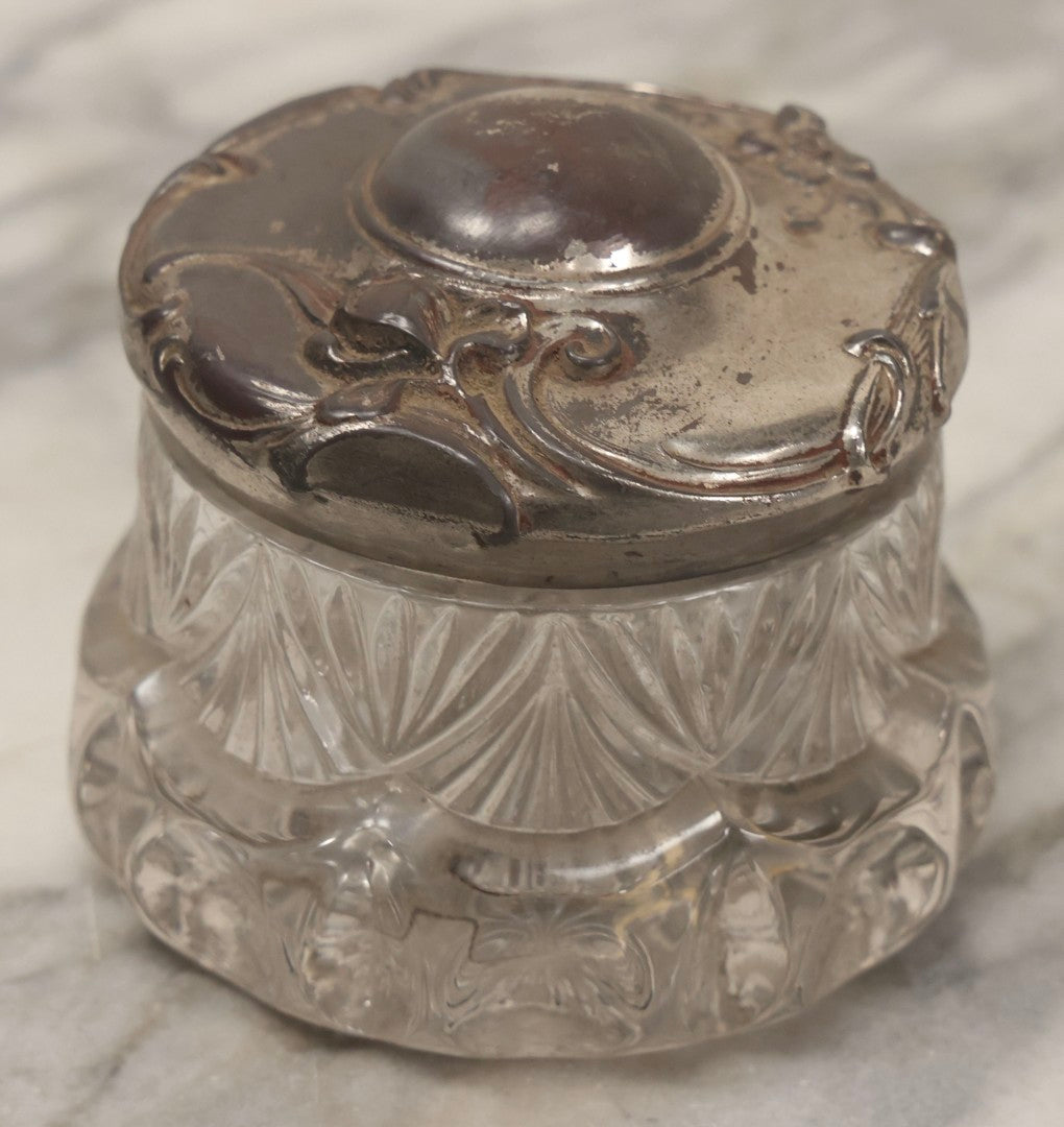 Lot 080 - Antique Pattern Glass Dresser Box With Art Nouveau Chromed Pot Metal Floral Lid, 3-1/4" H