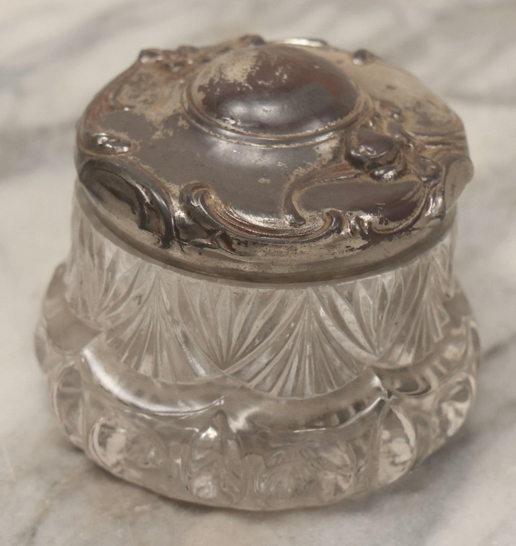 Lot 080 - Antique Pattern Glass Dresser Box With Art Nouveau Chromed Pot Metal Floral Lid, 3-1/4" H