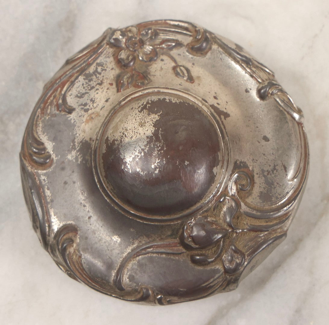 Lot 080 - Antique Pattern Glass Dresser Box With Art Nouveau Chromed Pot Metal Floral Lid, 3-1/4" H