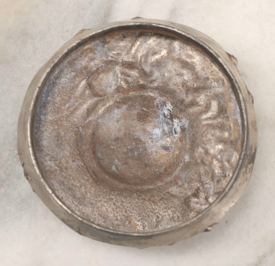 Lot 080 - Antique Pattern Glass Dresser Box With Art Nouveau Chromed Pot Metal Floral Lid, 3-1/4" H