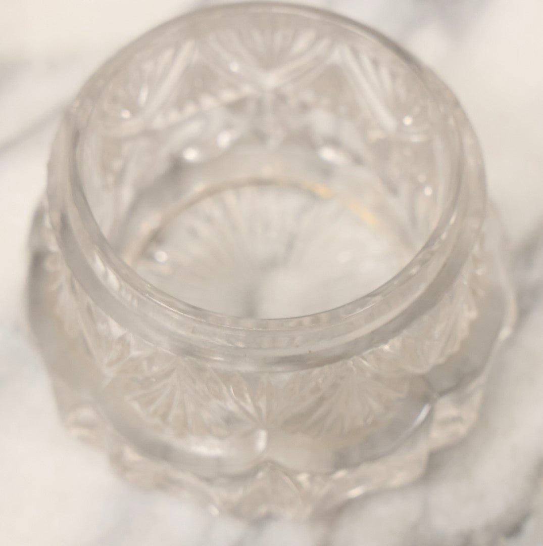 Lot 080 - Antique Pattern Glass Dresser Box With Art Nouveau Chromed Pot Metal Floral Lid, 3-1/4" H