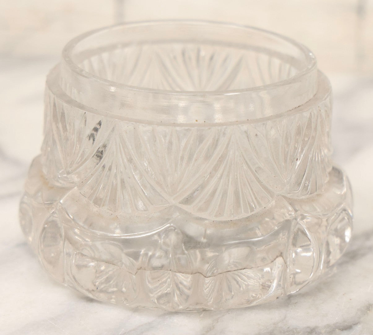 Lot 080 - Antique Pattern Glass Dresser Box With Art Nouveau Chromed Pot Metal Floral Lid, 3-1/4" H