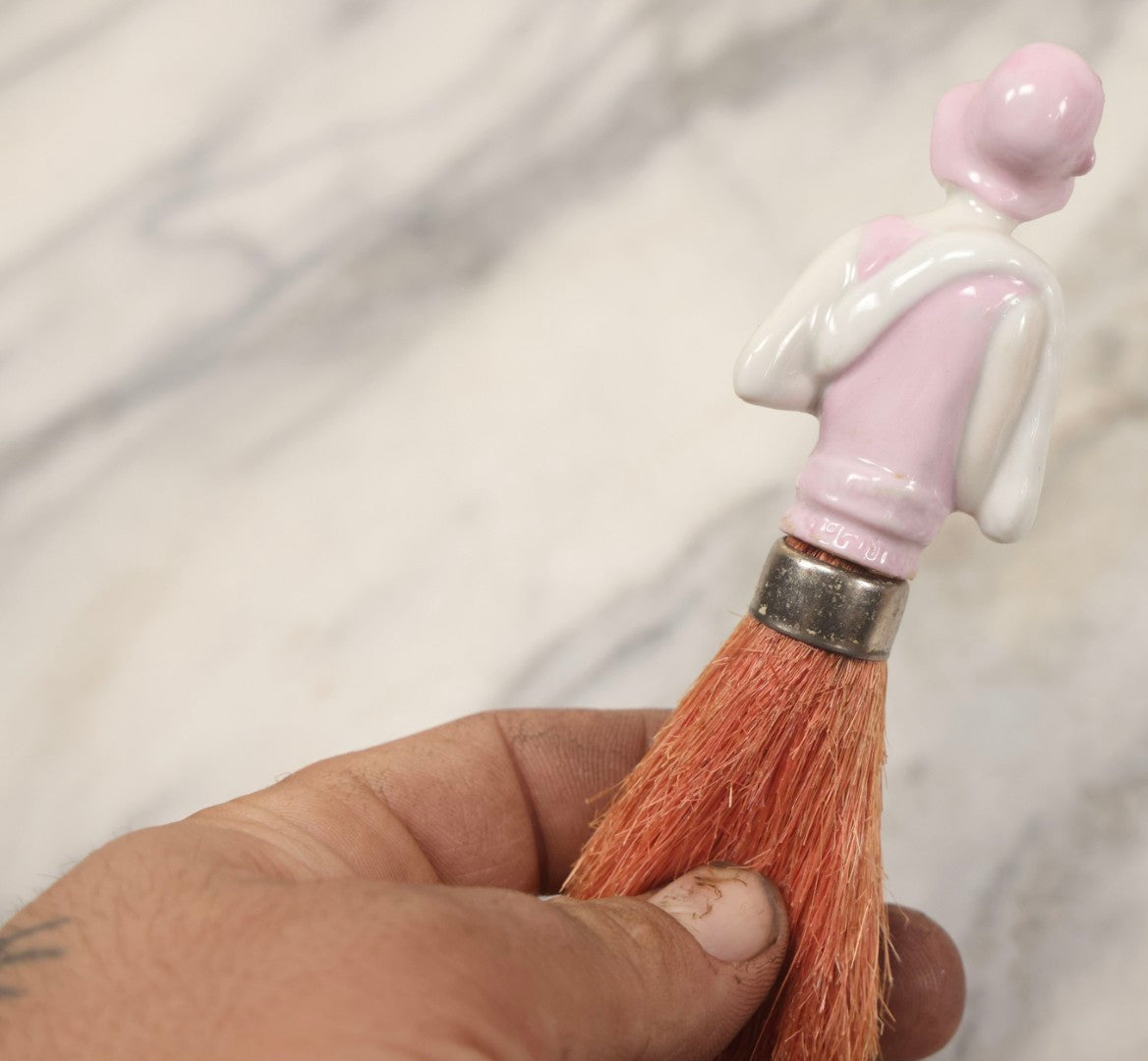 Lot 081 - Pair Of Vintage Porcelain Dresser Brushes With Straw Bristles, German Made, Featuring Woman In White Dress And Flapper Girl With Fur Boa
