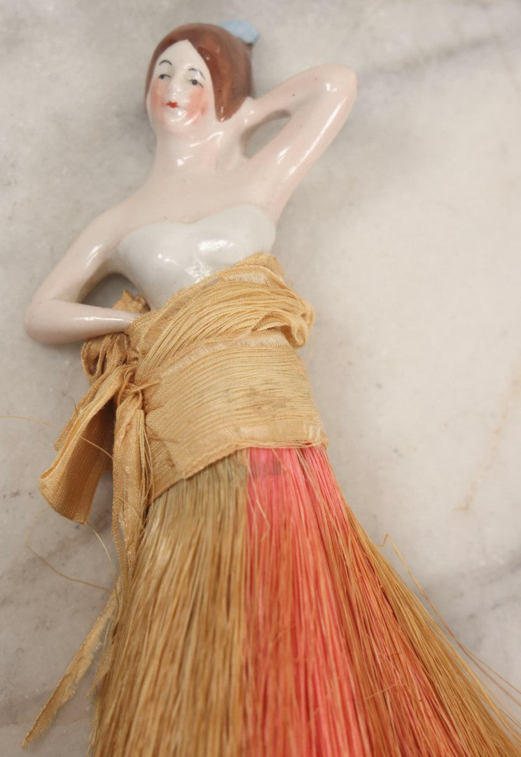 Lot 081 - Pair Of Vintage Porcelain Dresser Brushes With Straw Bristles, German Made, Featuring Woman In White Dress And Flapper Girl With Fur Boa