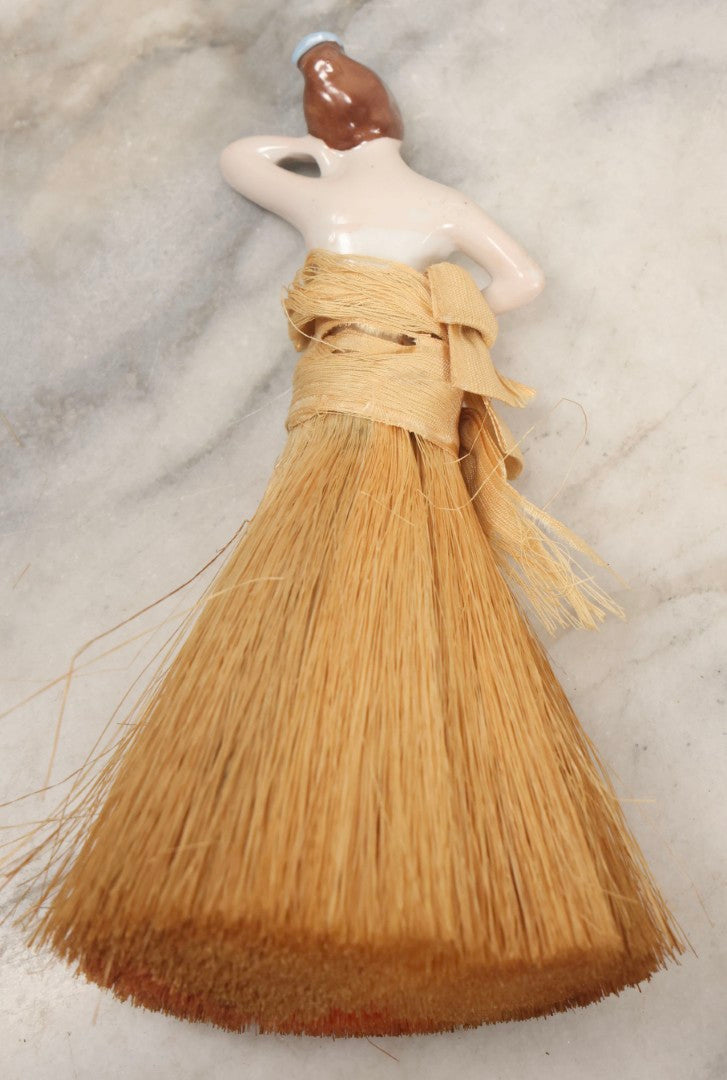 Lot 081 - Pair Of Vintage Porcelain Dresser Brushes With Straw Bristles, German Made, Featuring Woman In White Dress And Flapper Girl With Fur Boa