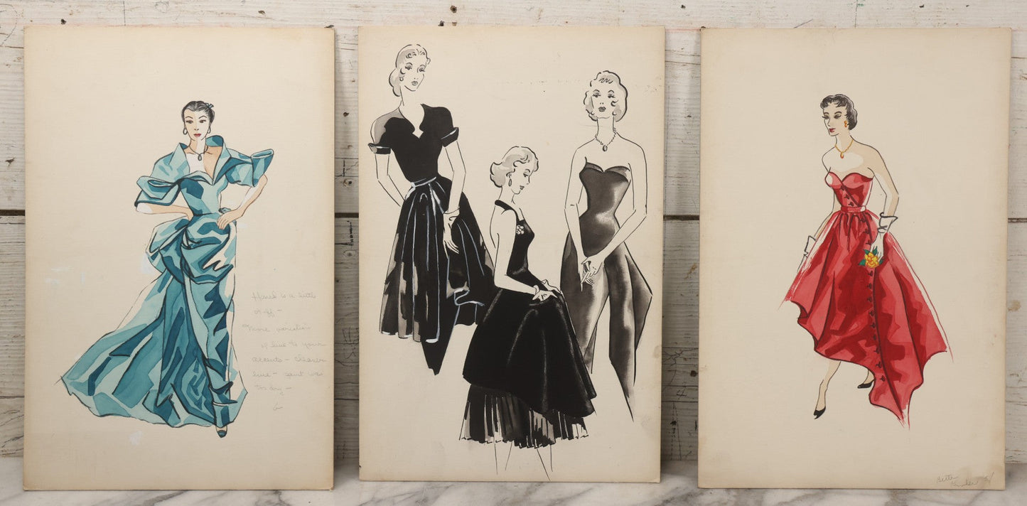 Lot 086 - Grouping Of Three Vintage Hand-Painted Fashion Design Studies By Betty Kinder, Pittsburgh, Pennsylvania, Circa 1950s