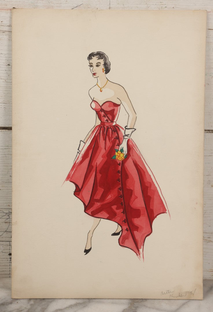 Lot 086 - Grouping Of Three Vintage Hand-Painted Fashion Design Studies By Betty Kinder, Pittsburgh, Pennsylvania, Circa 1950s