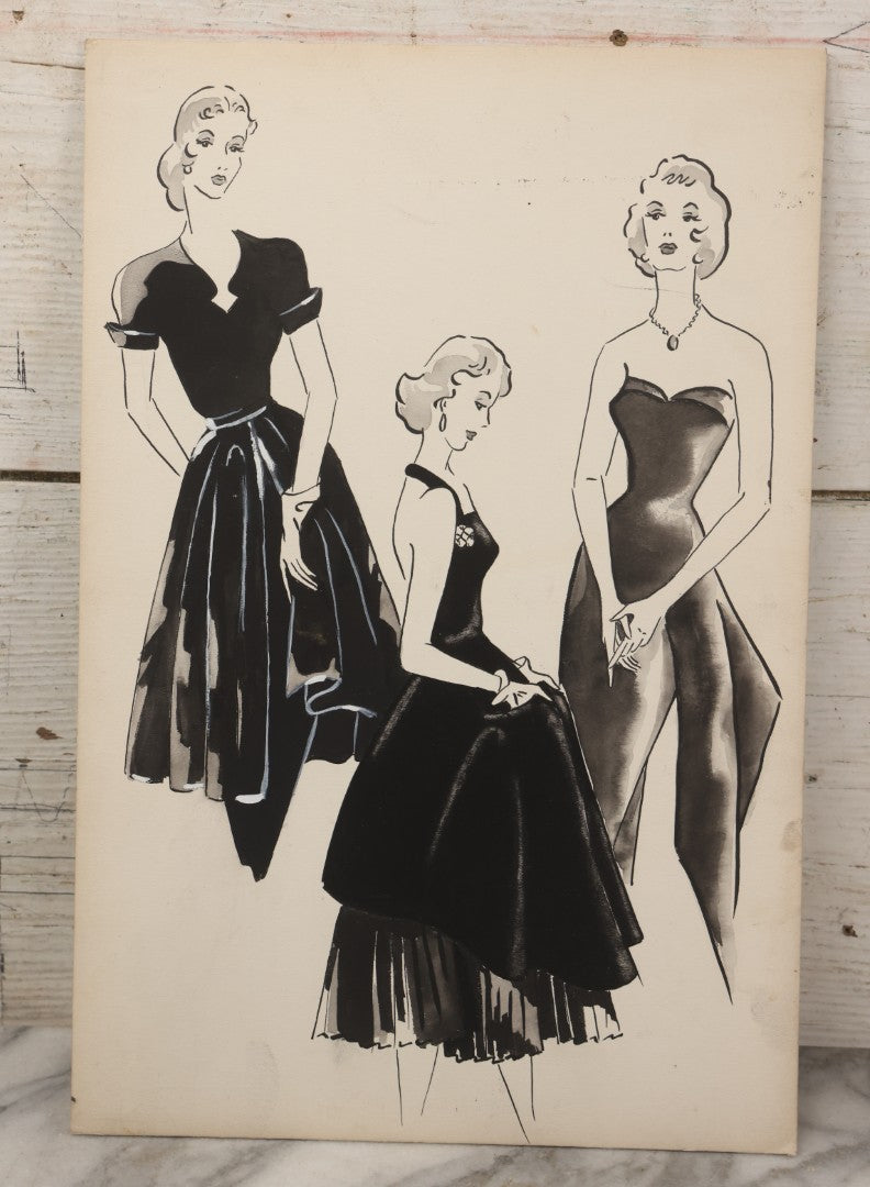Lot 086 - Grouping Of Three Vintage Hand-Painted Fashion Design Studies By Betty Kinder, Pittsburgh, Pennsylvania, Circa 1950s