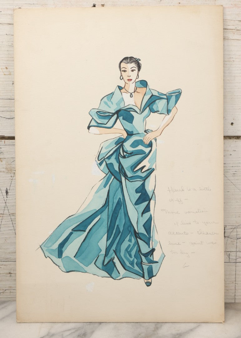 Lot 086 - Grouping Of Three Vintage Hand-Painted Fashion Design Studies By Betty Kinder, Pittsburgh, Pennsylvania, Circa 1950s