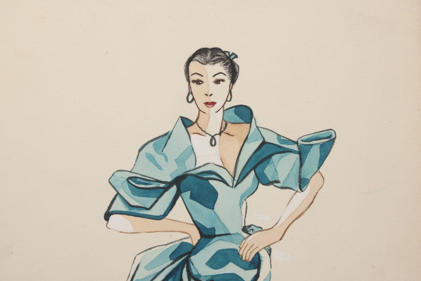 Lot 086 - Grouping Of Three Vintage Hand-Painted Fashion Design Studies By Betty Kinder, Pittsburgh, Pennsylvania, Circa 1950s