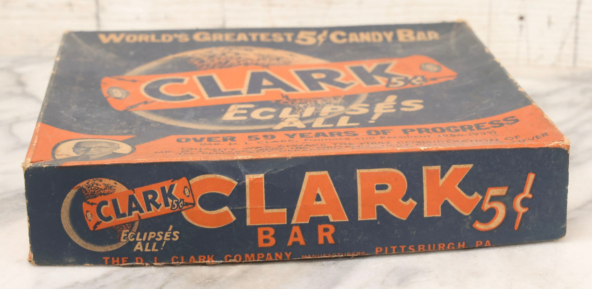 Lot 088 - Vintage Clark's 5¢ Candy Bar Advertising Box "World's Greatest 5¢ Candy Bar" By The D. L. Clark Co., Pittsburgh, Pennsylvania