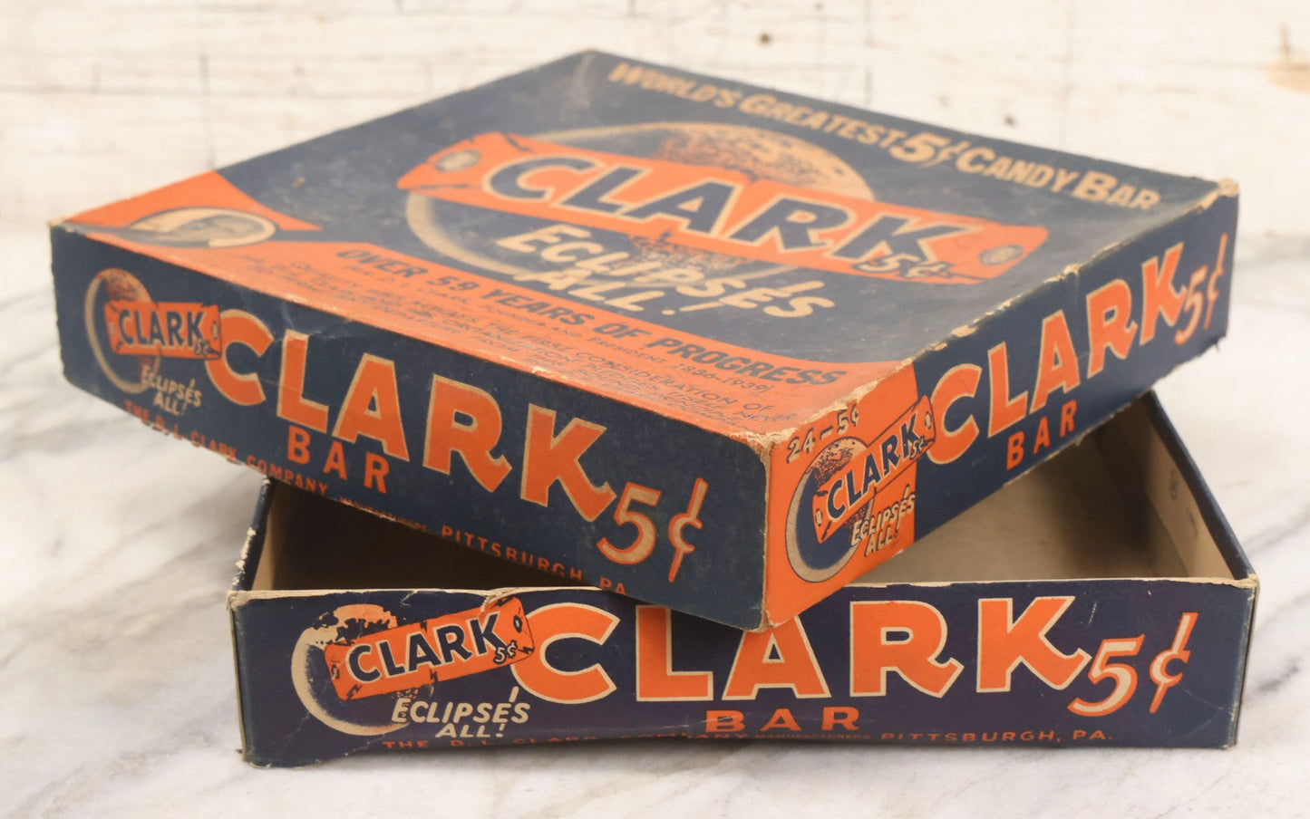 Lot 088 - Vintage Clark's 5¢ Candy Bar Advertising Box "World's Greatest 5¢ Candy Bar" By The D. L. Clark Co., Pittsburgh, Pennsylvania