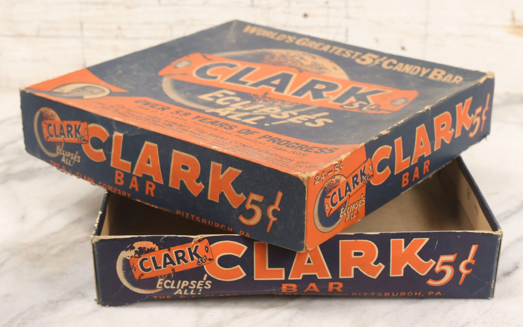 Lot 088 - Vintage Clark's 5¢ Candy Bar Advertising Box "World's Greatest 5¢ Candy Bar" By The D. L. Clark Co., Pittsburgh, Pennsylvania