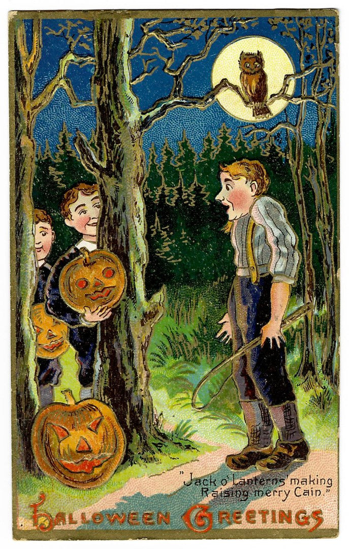 Lot 090 - Antique Embossed Halloween Postcard “Jack O'Lanterns Making Raising Merry Cain” Depicting Boys Playing Prank In Forest, Made In Saxony, No. 0624, Postmarked Baltimore, Maryland, 1909, Written On Verso