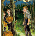 Lot 090 - Antique Embossed Halloween Postcard “Jack O'Lanterns Making Raising Merry Cain” Depicting Boys Playing Prank In Forest, Made In Saxony, No. 0624, Postmarked Baltimore, Maryland, 1909, Written On Verso