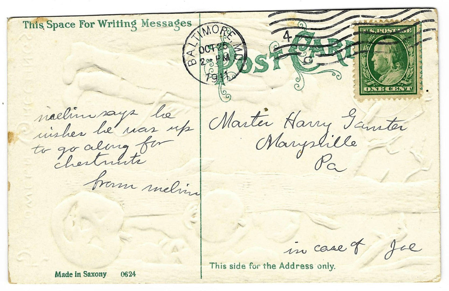 Lot 090 - Antique Embossed Halloween Postcard “Jack O'Lanterns Making Raising Merry Cain” Depicting Boys Playing Prank In Forest, Made In Saxony, No. 0624, Postmarked Baltimore, Maryland, 1909, Written On Verso