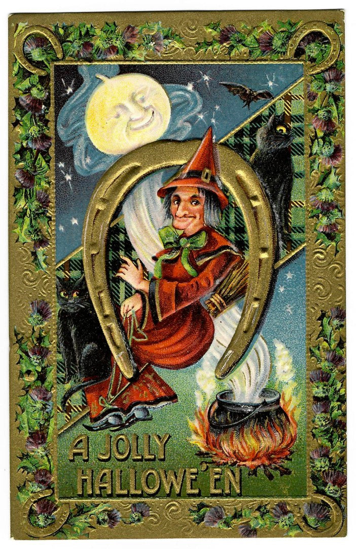 Lot 091 - Antique Embossed Gold-Accented Halloween Postcard “A Jolly Hallowe'en” Depicting Witch With Broom, Black Cats, And Horseshoe, Printed In Germany, Series 2171, Postmarked 1910, Addressed To Perry, Ohio