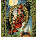 Lot 091 - Antique Embossed Gold-Accented Halloween Postcard “A Jolly Hallowe'en” Depicting Witch With Broom, Black Cats, And Horseshoe, Printed In Germany, Series 2171, Postmarked 1910, Addressed To Perry, Ohio