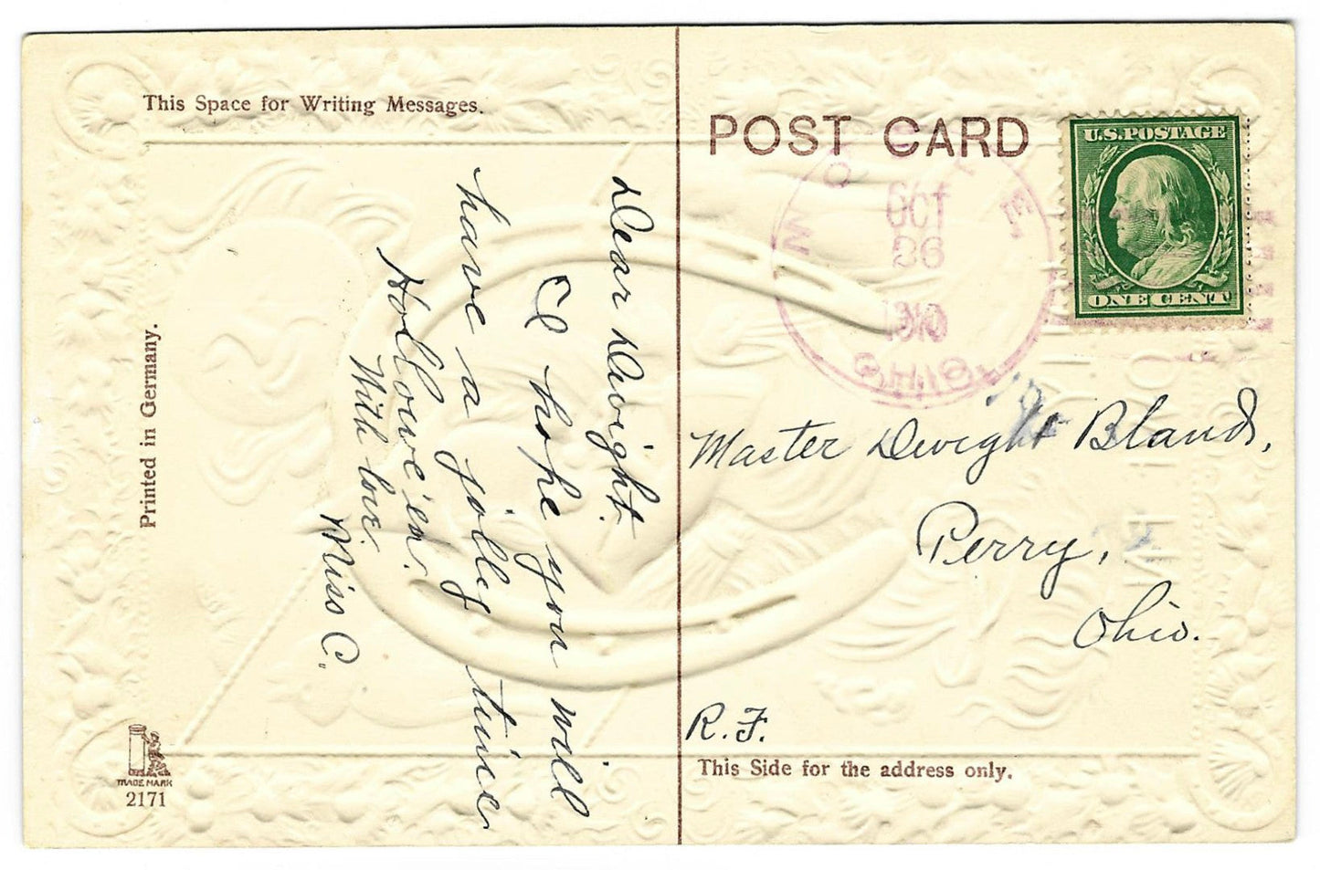 Lot 091 - Antique Embossed Gold-Accented Halloween Postcard “A Jolly Hallowe'en” Depicting Witch With Broom, Black Cats, And Horseshoe, Printed In Germany, Series 2171, Postmarked 1910, Addressed To Perry, Ohio