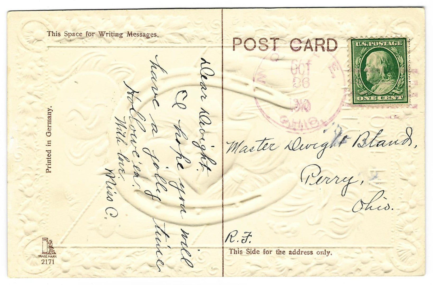 Lot 091 - Antique Embossed Gold-Accented Halloween Postcard “A Jolly Hallowe'en” Depicting Witch With Broom, Black Cats, And Horseshoe, Printed In Germany, Series 2171, Postmarked 1910, Addressed To Perry, Ohio