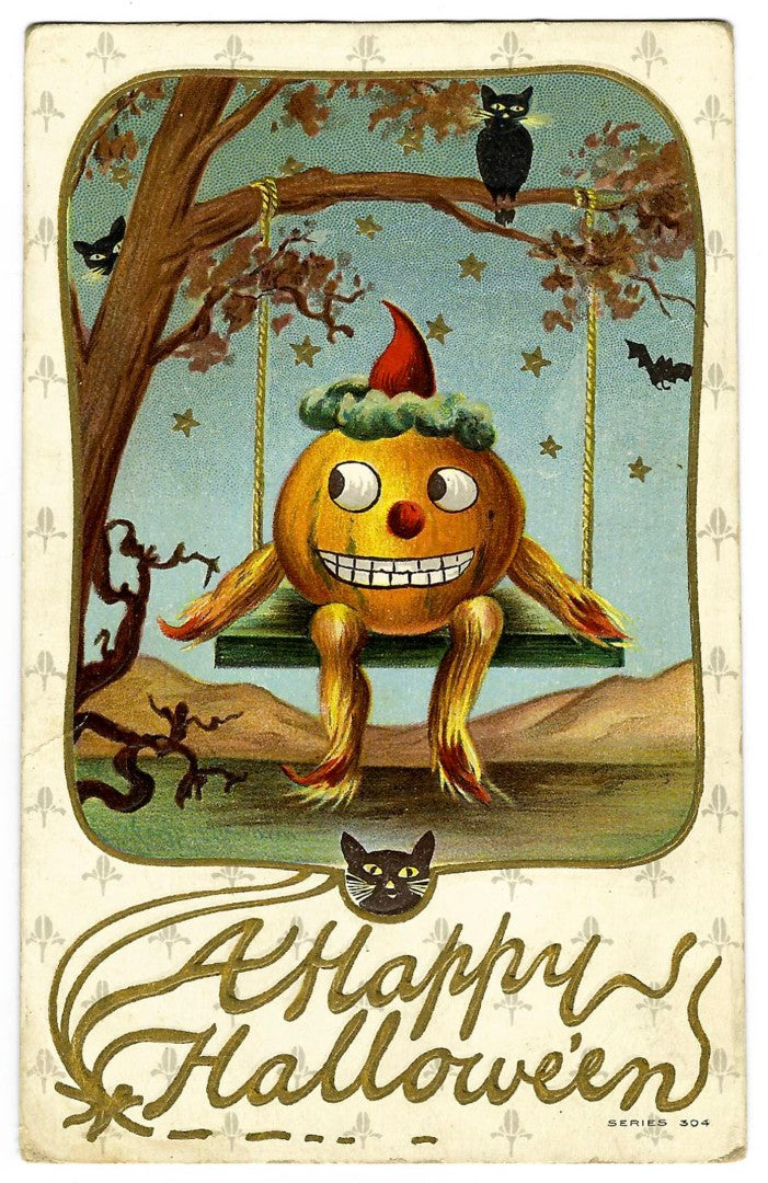 Lot 092 - Antique Embossed Halloween Postcard “A Happy Hallowe'en” Depicting Pumpkin-Head Figure On Swing With Black Cats And Bats, Series 304, Early 1900s Written On Verso