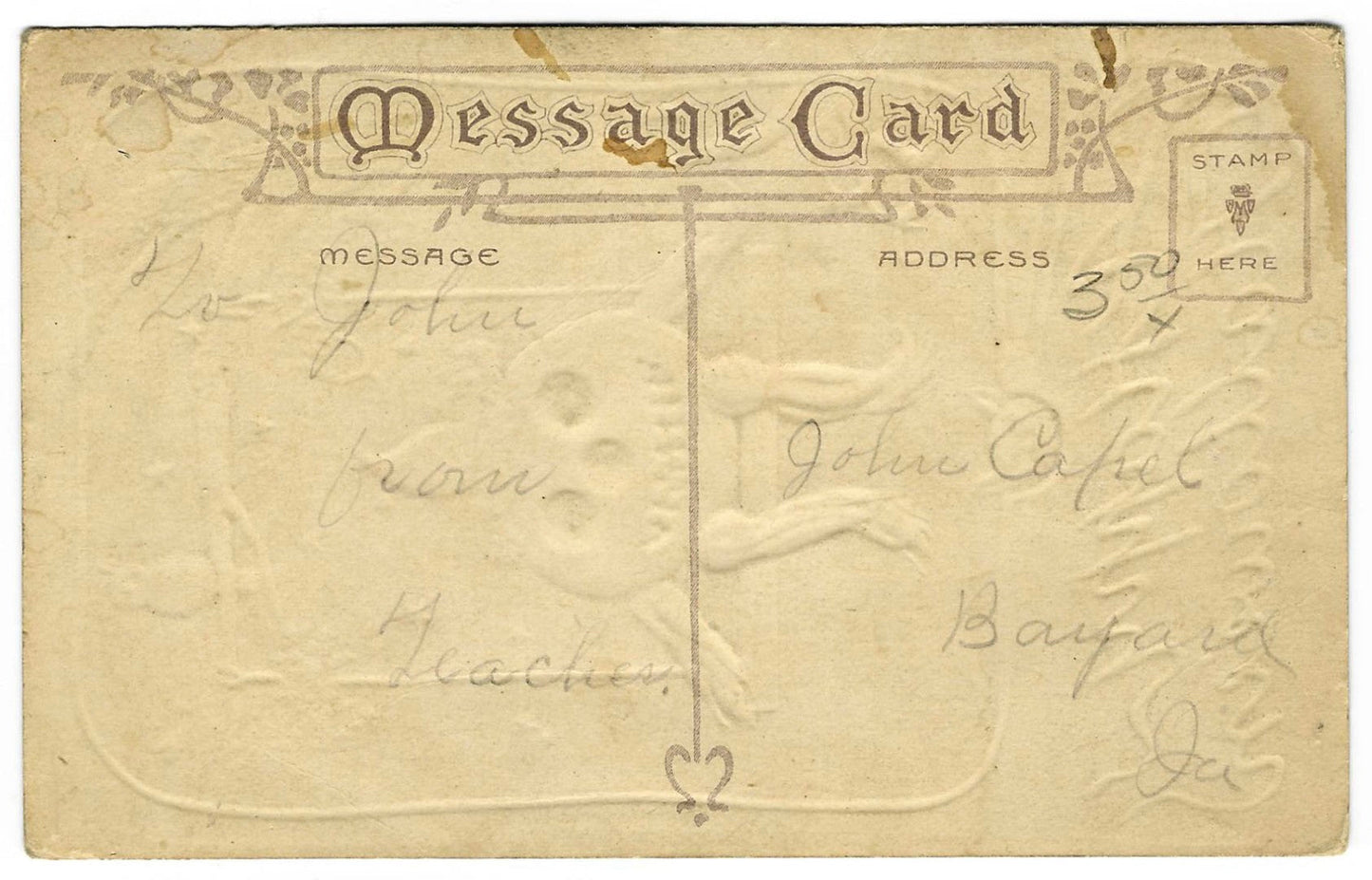 Lot 092 - Antique Embossed Halloween Postcard “A Happy Hallowe'en” Depicting Pumpkin-Head Figure On Swing With Black Cats And Bats, Series 304, Early 1900s Written On Verso