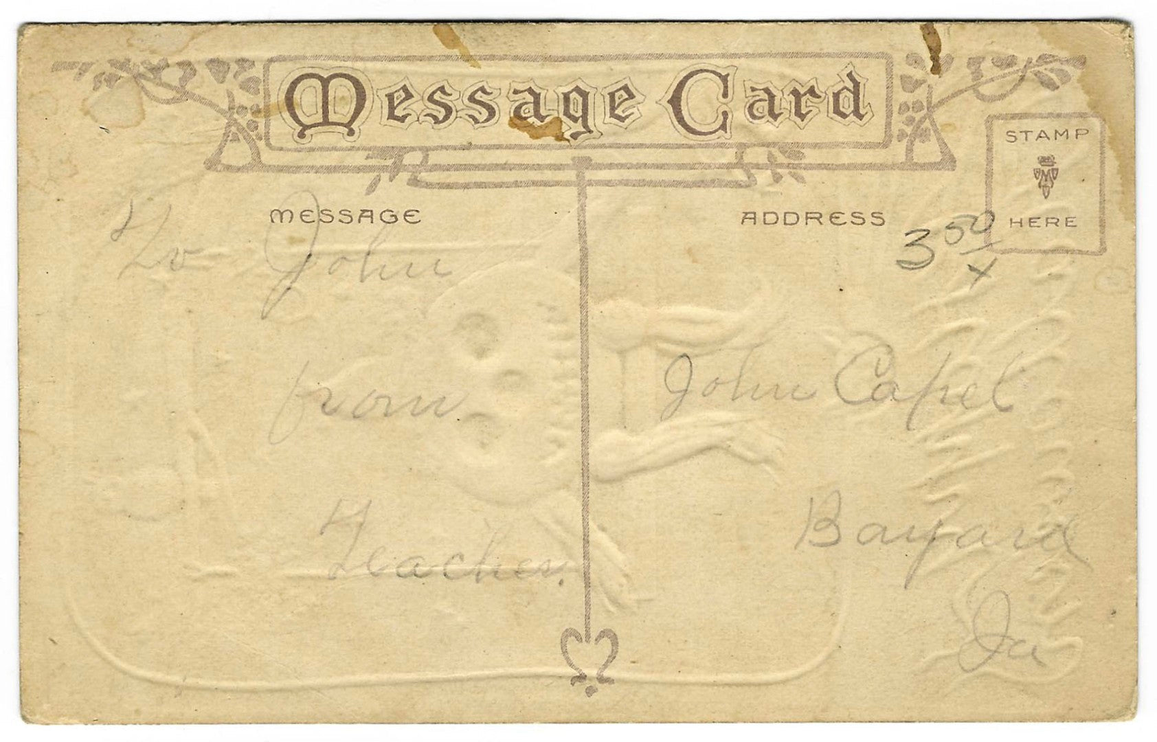 Lot 092 - Antique Embossed Halloween Postcard “A Happy Hallowe'en” Depicting Pumpkin-Head Figure On Swing With Black Cats And Bats, Series 304, Early 1900s Written On Verso