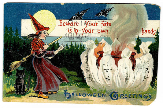 Lot 093 - Antique Embossed Halloween Postcard “Beware! Your Fate Is In Your Own Hands” With Witch, Black Cat, And Ghosts Around Cauldron, Albert M. Wilson, Buffalo Ny, Made In Saxony, 1912 Postmarked, Written On Verso