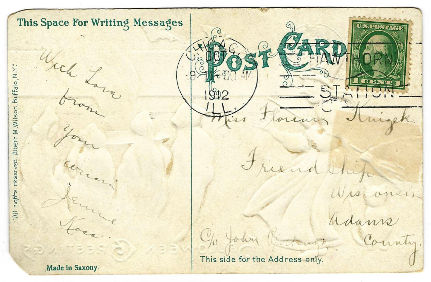 Lot 093 - Antique Embossed Halloween Postcard “Beware! Your Fate Is In Your Own Hands” With Witch, Black Cat, And Ghosts Around Cauldron, Albert M. Wilson, Buffalo Ny, Made In Saxony, 1912 Postmarked, Written On Verso