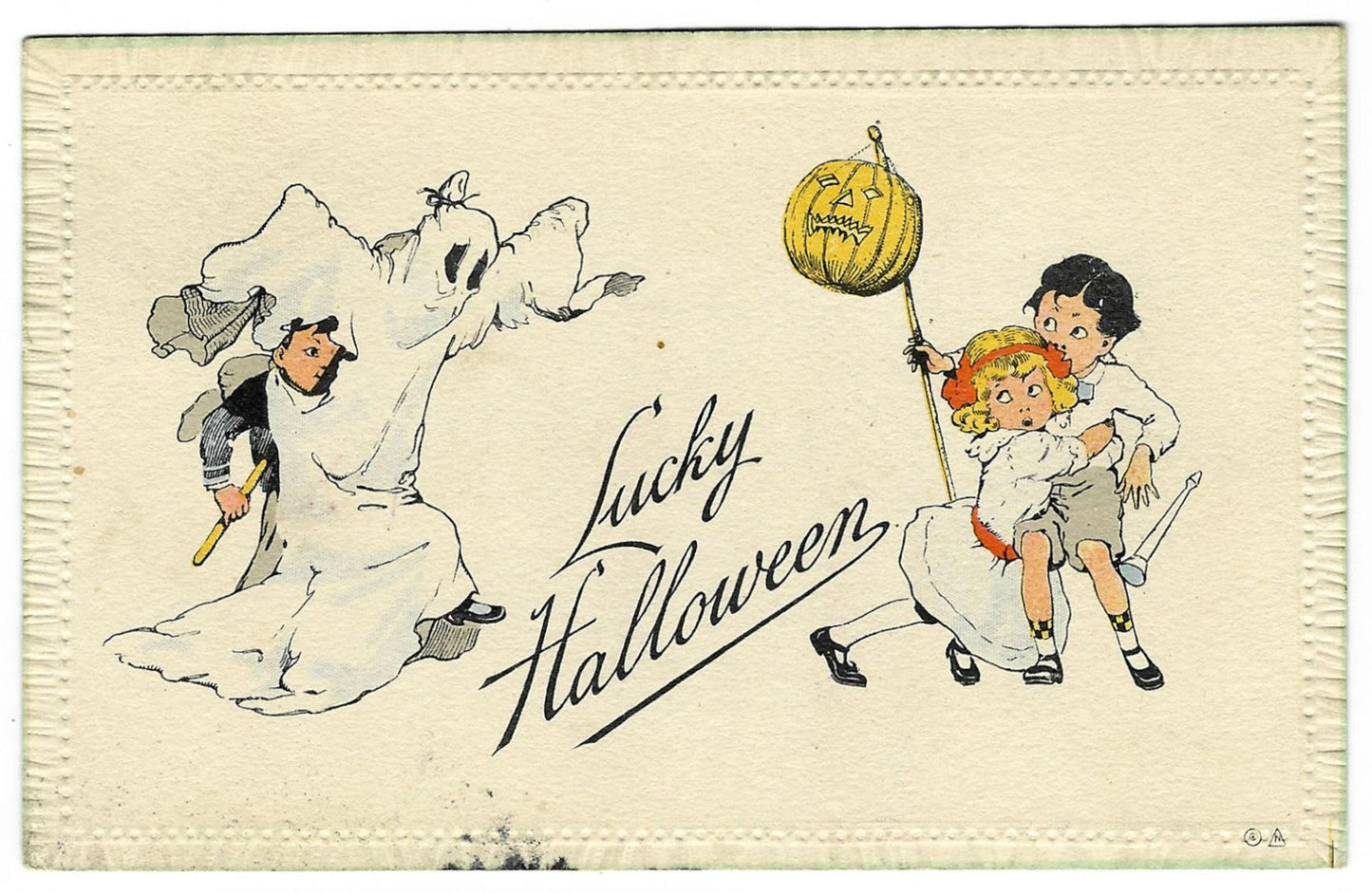 Lot 094 - Antique Halloween Postcard “Lucky Halloween” Depicting Boy In Ghost Costume Startling Two Children With Jack-O'-Lantern, Series No. 8-A, Postmarked 1913, Written On Verso