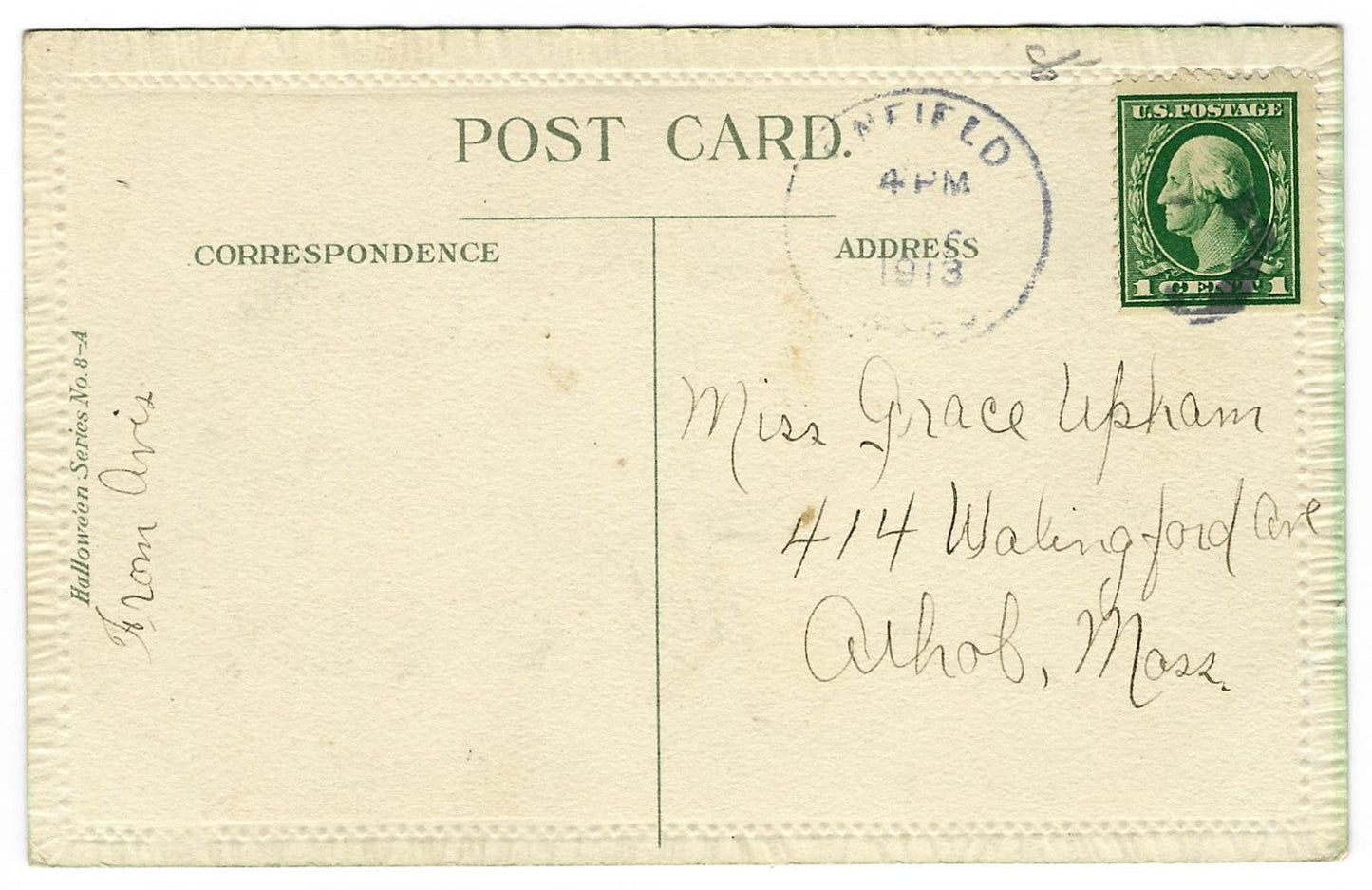 Lot 094 - Antique Halloween Postcard “Lucky Halloween” Depicting Boy In Ghost Costume Startling Two Children With Jack-O'-Lantern, Series No. 8-A, Postmarked 1913, Written On Verso