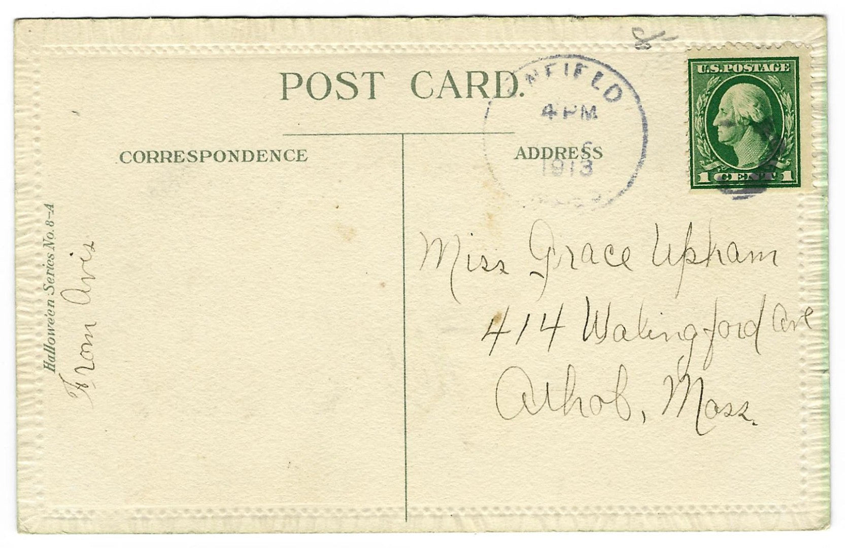 Lot 094 - Antique Halloween Postcard “Lucky Halloween” Depicting Boy In Ghost Costume Startling Two Children With Jack-O'-Lantern, Series No. 8-A, Postmarked 1913, Written On Verso