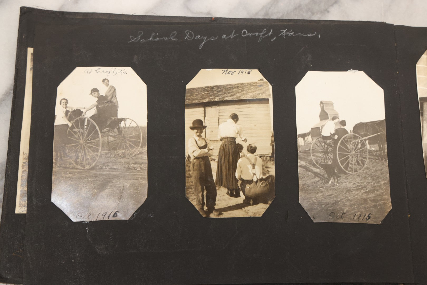 Lot 097 - Antique Snapshot Photograph Album With 225+ Photos Of Rural Life In Kansas, Including Adventuring Teenage Girls, Croft Schoolchildren, Wwi Soldiers, And Burning Of Croft Depot, Circa 1910–1920