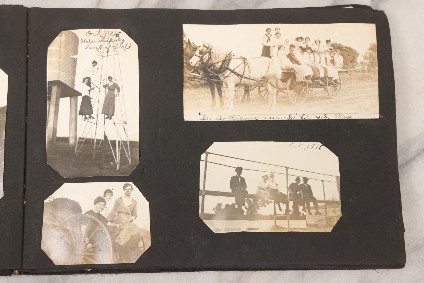 Lot 097 - Antique Snapshot Photograph Album With 225+ Photos Of Rural Life In Kansas, Including Adventuring Teenage Girls, Croft Schoolchildren, Wwi Soldiers, And Burning Of Croft Depot, Circa 1910–1920