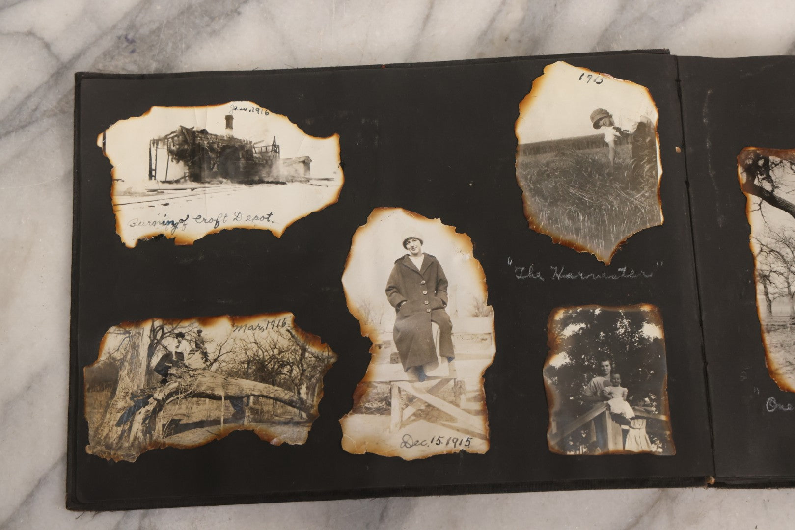 Lot 097 - Antique Snapshot Photograph Album With 225+ Photos Of Rural Life In Kansas, Including Adventuring Teenage Girls, Croft Schoolchildren, Wwi Soldiers, And Burning Of Croft Depot, Circa 1910–1920