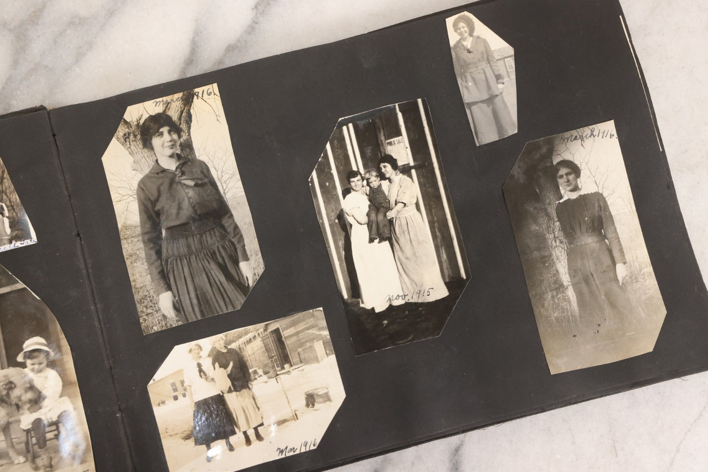 Lot 097 - Antique Snapshot Photograph Album With 225+ Photos Of Rural Life In Kansas, Including Adventuring Teenage Girls, Croft Schoolchildren, Wwi Soldiers, And Burning Of Croft Depot, Circa 1910–1920