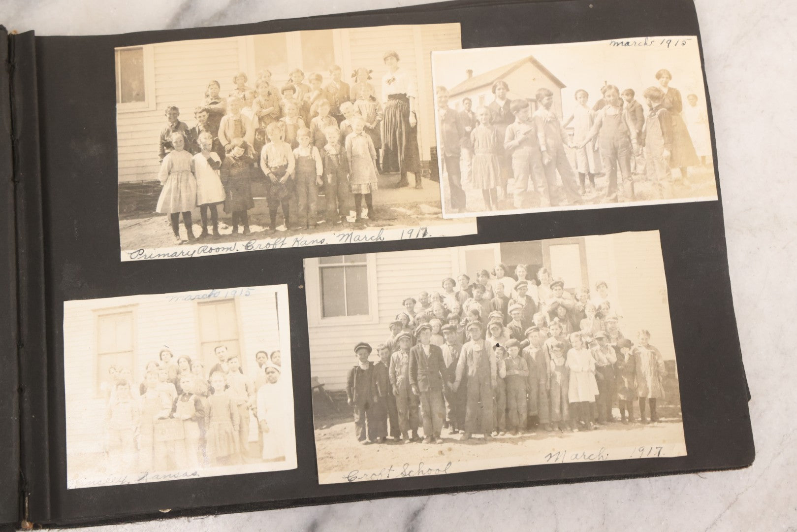 Lot 097 - Antique Snapshot Photograph Album With 225+ Photos Of Rural Life In Kansas, Including Adventuring Teenage Girls, Croft Schoolchildren, Wwi Soldiers, And Burning Of Croft Depot, Circa 1910–1920