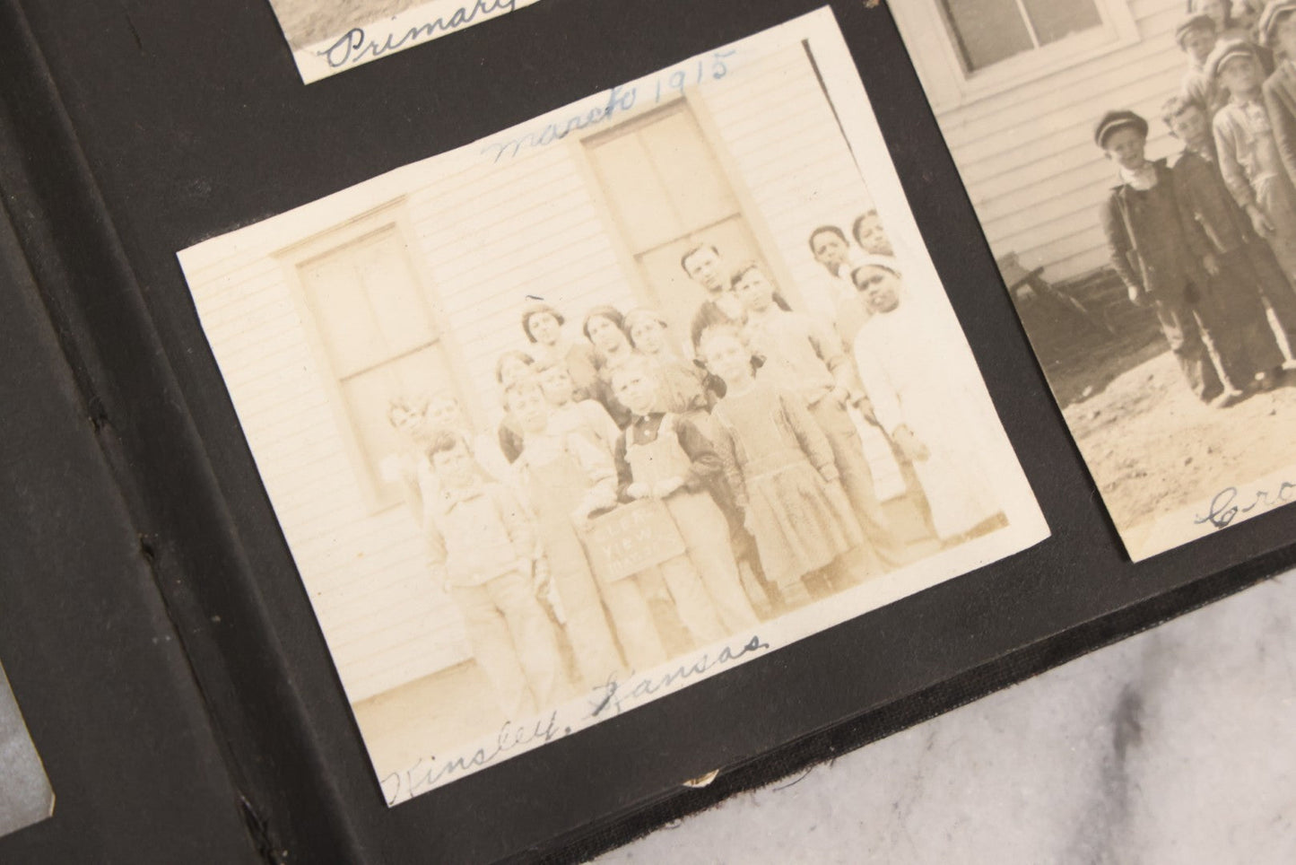 Lot 097 - Antique Snapshot Photograph Album With 225+ Photos Of Rural Life In Kansas, Including Adventuring Teenage Girls, Croft Schoolchildren, Wwi Soldiers, And Burning Of Croft Depot, Circa 1910–1920
