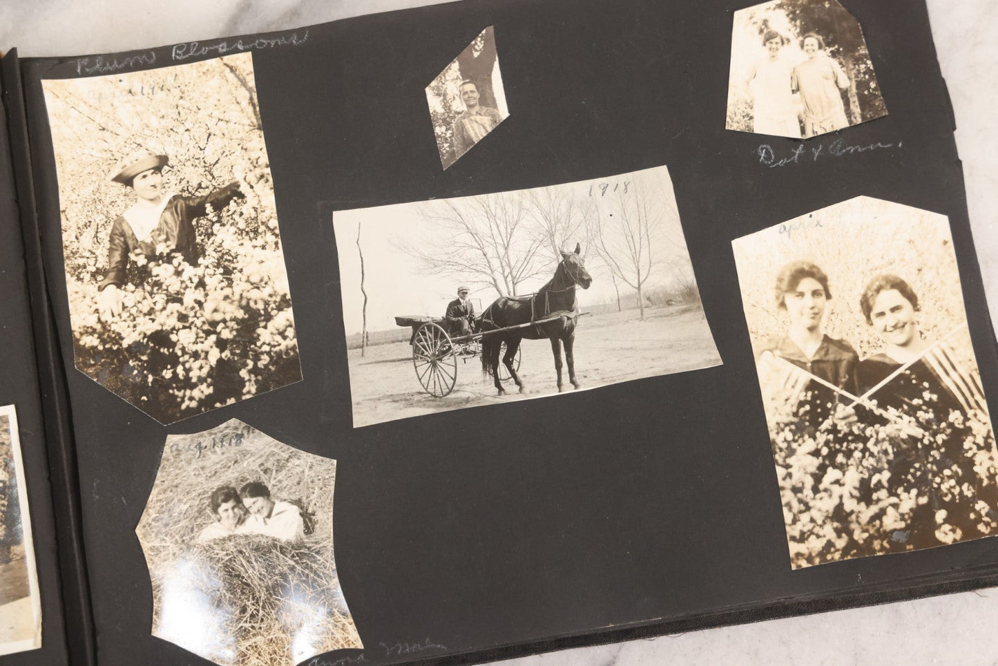 Lot 097 - Antique Snapshot Photograph Album With 225+ Photos Of Rural Life In Kansas, Including Adventuring Teenage Girls, Croft Schoolchildren, Wwi Soldiers, And Burning Of Croft Depot, Circa 1910–1920
