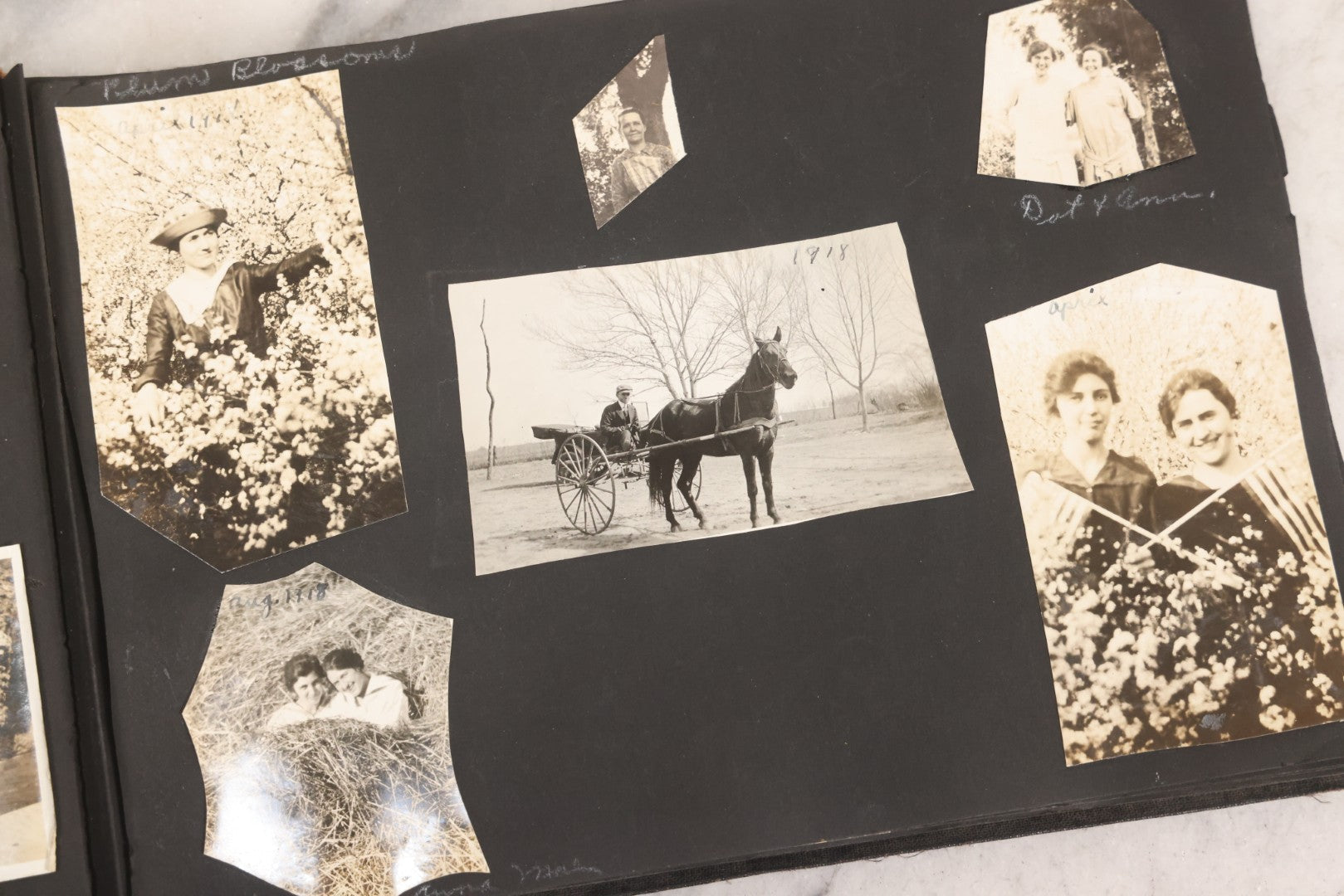 Lot 097 - Antique Snapshot Photograph Album With 225+ Photos Of Rural Life In Kansas, Including Adventuring Teenage Girls, Croft Schoolchildren, Wwi Soldiers, And Burning Of Croft Depot, Circa 1910–1920