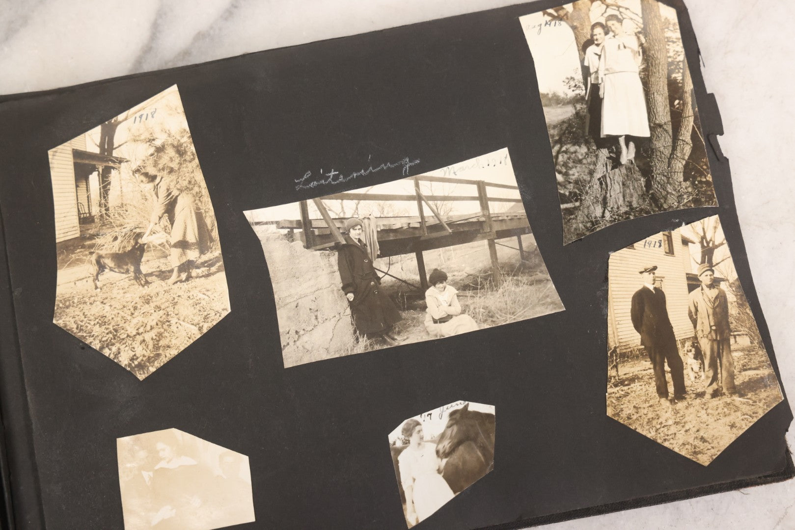 Lot 097 - Antique Snapshot Photograph Album With 225+ Photos Of Rural Life In Kansas, Including Adventuring Teenage Girls, Croft Schoolchildren, Wwi Soldiers, And Burning Of Croft Depot, Circa 1910–1920