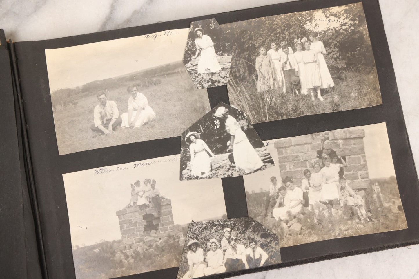 Lot 097 - Antique Snapshot Photograph Album With 225+ Photos Of Rural Life In Kansas, Including Adventuring Teenage Girls, Croft Schoolchildren, Wwi Soldiers, And Burning Of Croft Depot, Circa 1910–1920