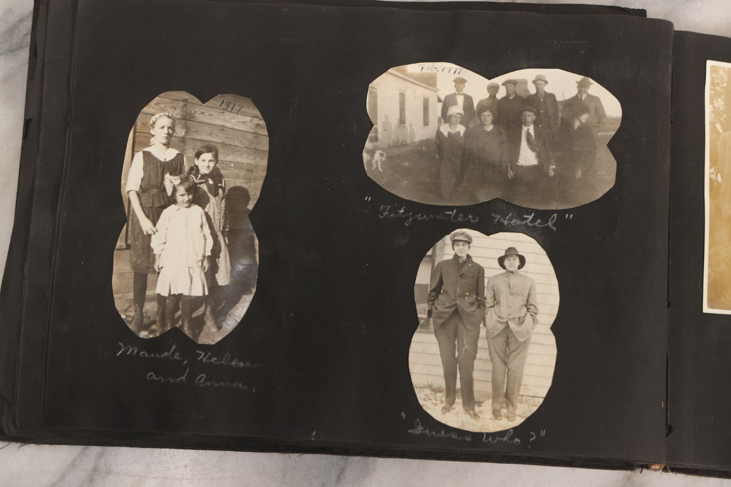 Lot 097 - Antique Snapshot Photograph Album With 225+ Photos Of Rural Life In Kansas, Including Adventuring Teenage Girls, Croft Schoolchildren, Wwi Soldiers, And Burning Of Croft Depot, Circa 1910–1920