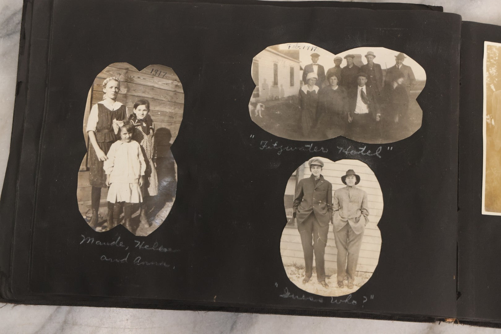 Lot 097 - Antique Snapshot Photograph Album With 225+ Photos Of Rural Life In Kansas, Including Adventuring Teenage Girls, Croft Schoolchildren, Wwi Soldiers, And Burning Of Croft Depot, Circa 1910–1920