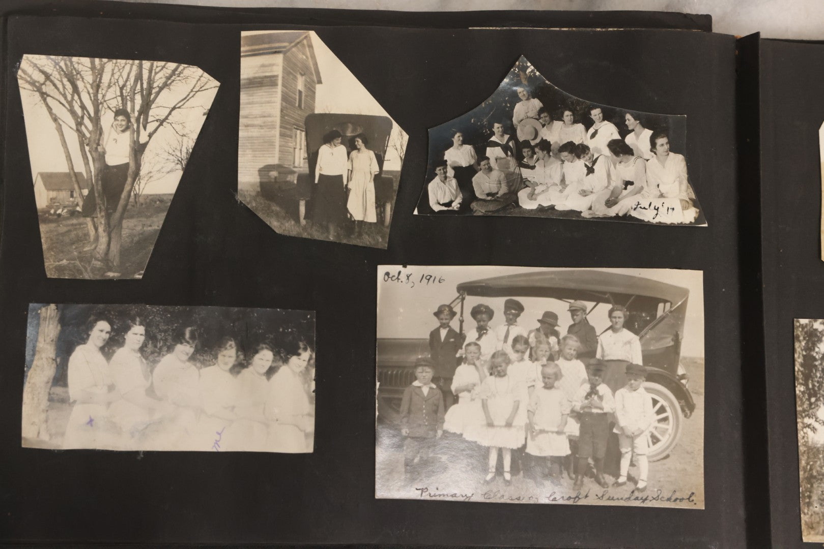 Lot 097 - Antique Snapshot Photograph Album With 225+ Photos Of Rural Life In Kansas, Including Adventuring Teenage Girls, Croft Schoolchildren, Wwi Soldiers, And Burning Of Croft Depot, Circa 1910–1920