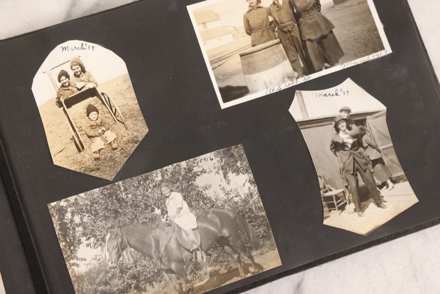 Lot 097 - Antique Snapshot Photograph Album With 225+ Photos Of Rural Life In Kansas, Including Adventuring Teenage Girls, Croft Schoolchildren, Wwi Soldiers, And Burning Of Croft Depot, Circa 1910–1920