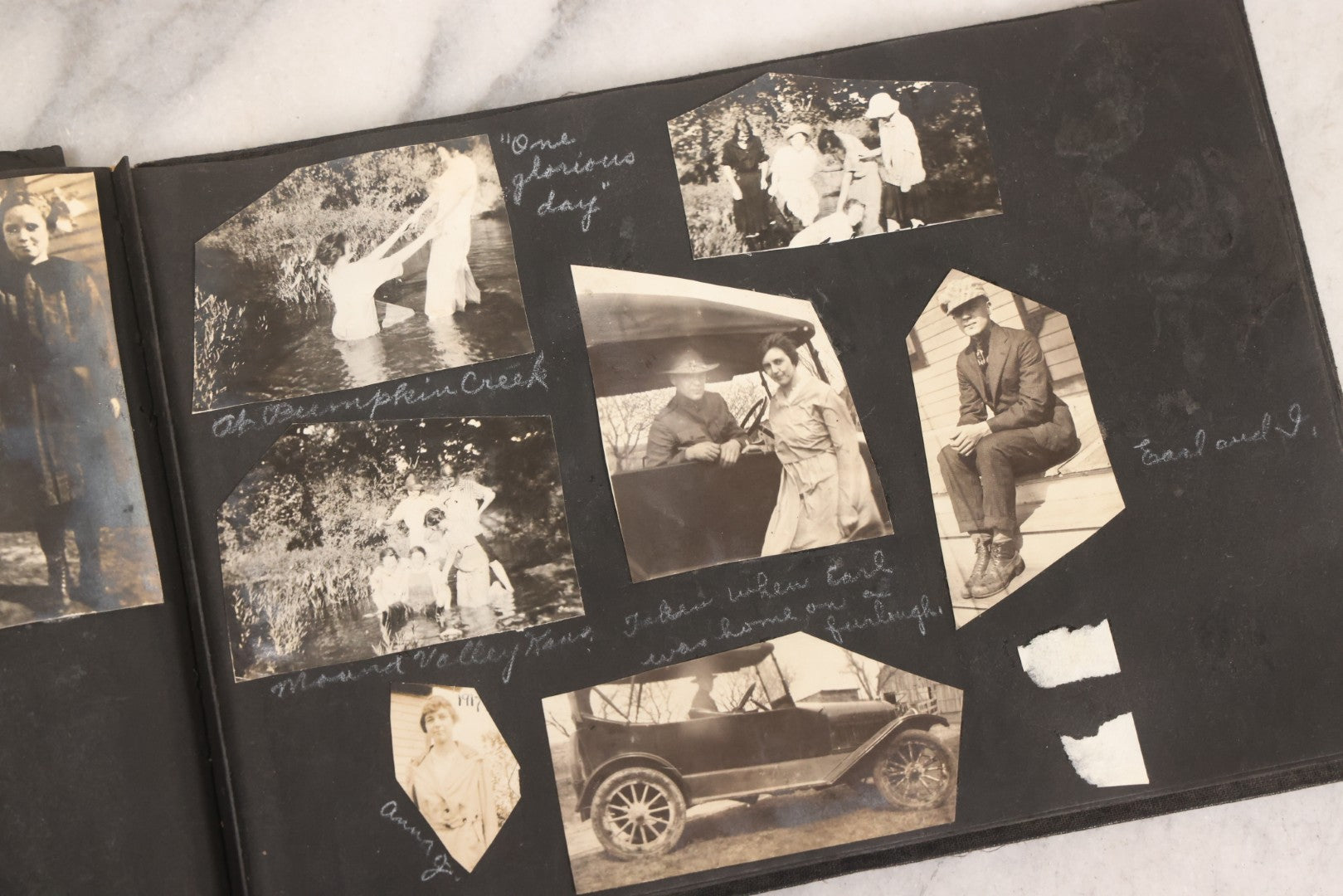 Lot 097 - Antique Snapshot Photograph Album With 225+ Photos Of Rural Life In Kansas, Including Adventuring Teenage Girls, Croft Schoolchildren, Wwi Soldiers, And Burning Of Croft Depot, Circa 1910–1920